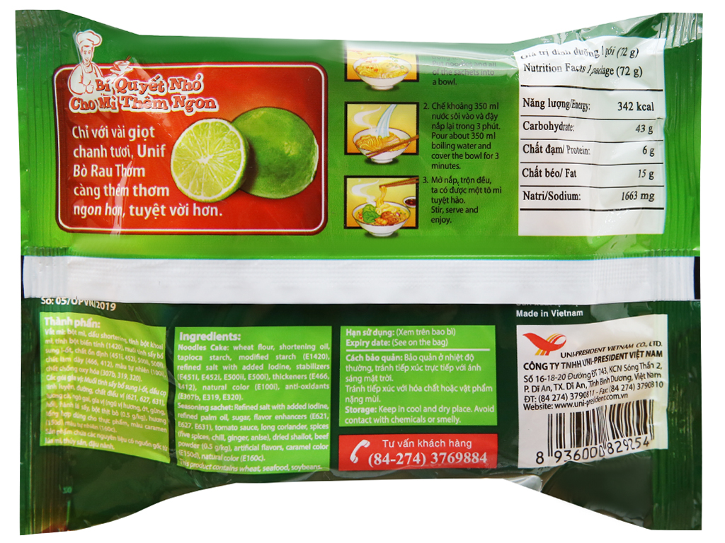 Thùng 30 gói mì Unif vị bò rau thơm 72g