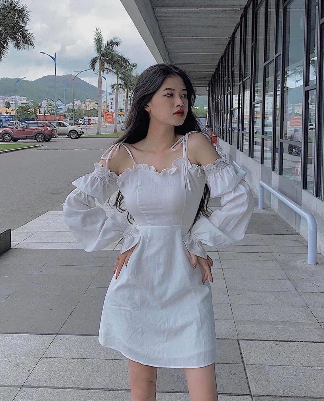 đầm trắng rớt vai tay bo, chất iệu tốt, bền màu, mang lại cảm giác thoải mái cho người mặc, cam kết sản phẩm như hinh