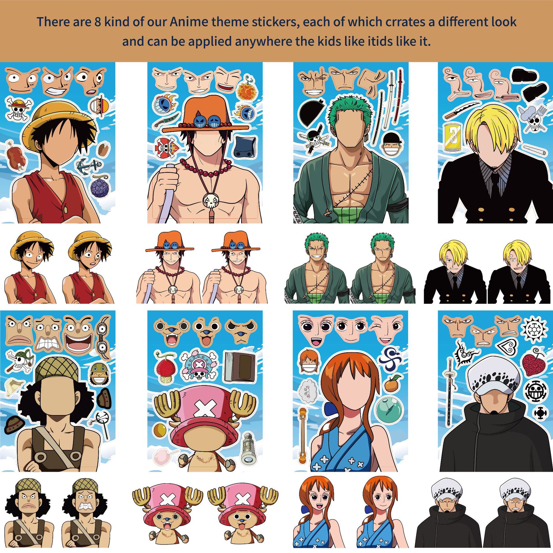 Bộ 8 tấm Hình dán sáng tạo cho bé - One Piece