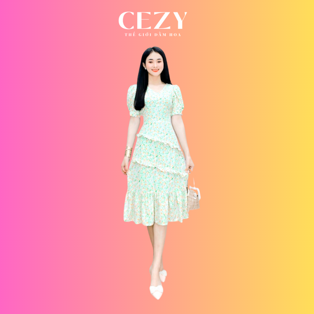 Đầm hoa nhí cổ v tay phồng phối tầng bèo có size bigsize d44