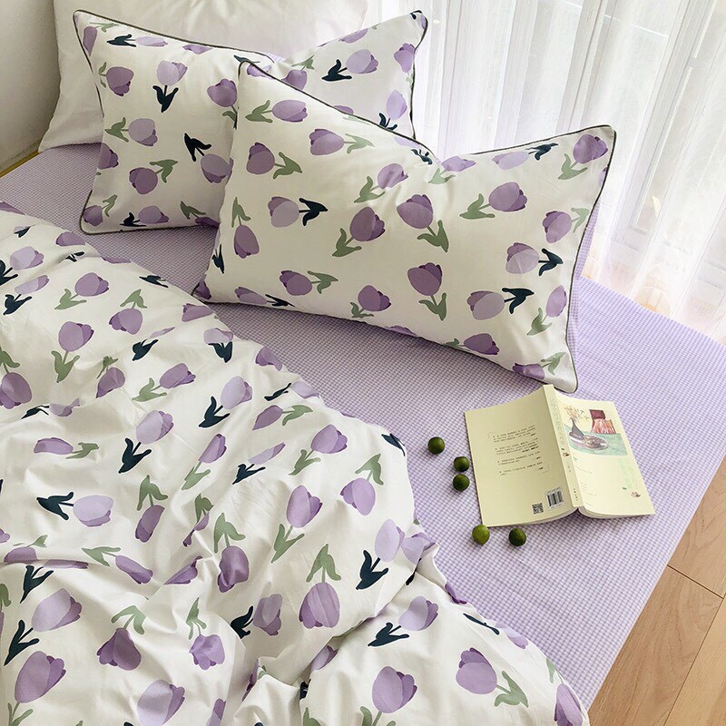 Chăn ga gối Cotton 3D - Mẫu hoa tuylip tím