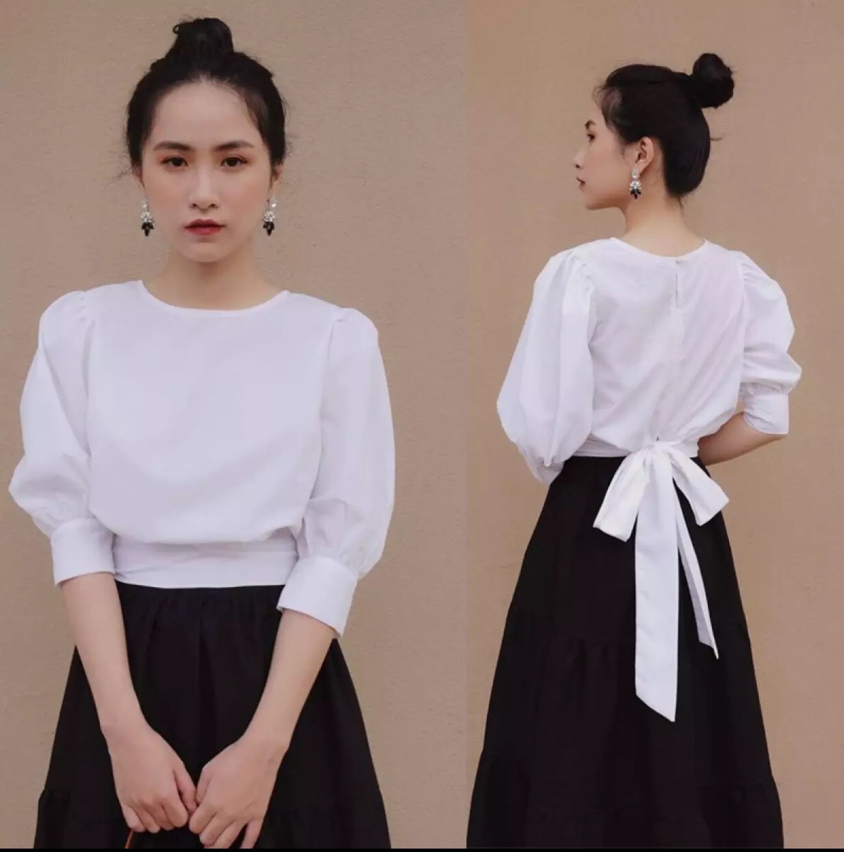 Áo kiểu trắng tay phòng cột nơ eo Croptop