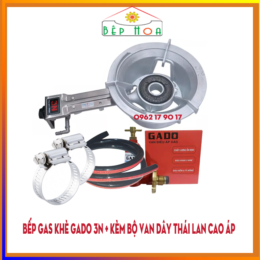 BỘ BẾP GAS CÔNG NGHIỆP KHÈ GADO 3N + VAN DÂY CAO ÁP THÁI LAN - BẾP KHÈ -  BH 12 THÁNG - BẾP HOA