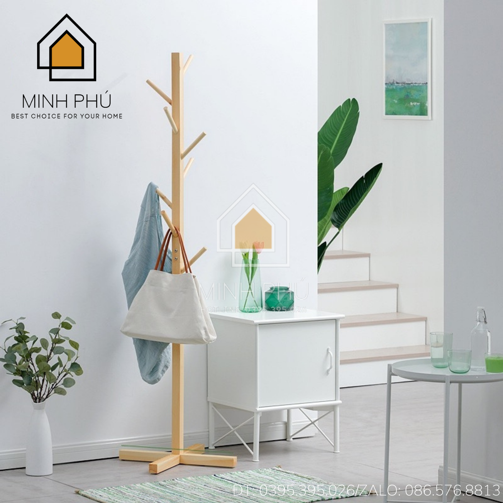 Cây treo quần áo gỗ tự nhiên, giá treo đồ, cây treo mũ