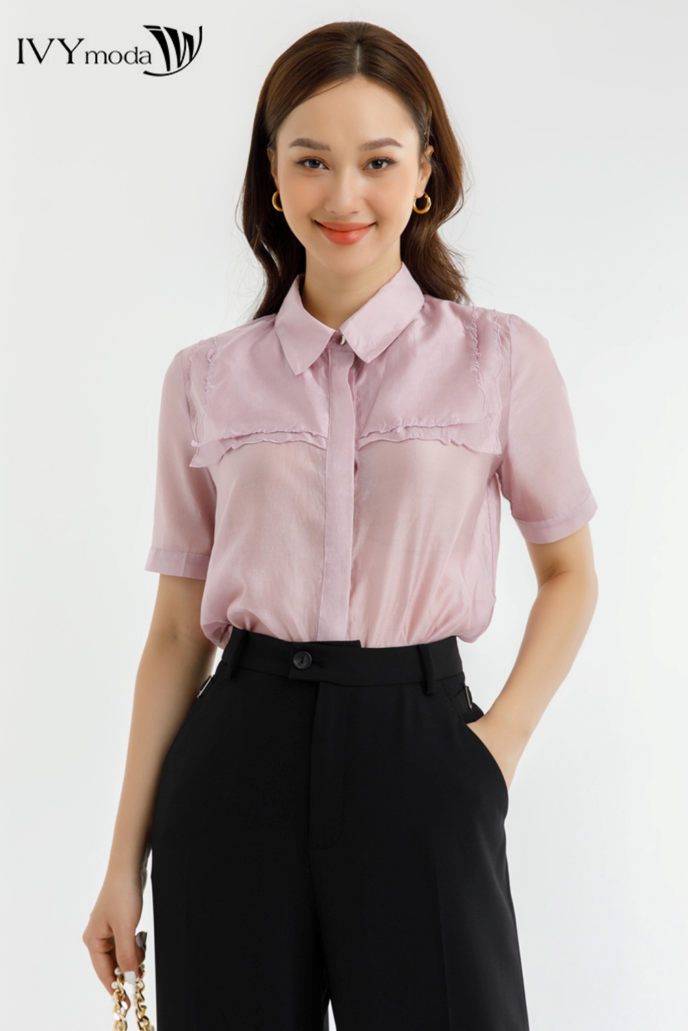Áo sơ mi lụa thêu viền IVY moda MS 16M7643