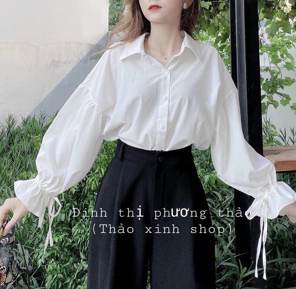 Áo Sơ Mi nữ tay bông kiểu dáng lịch lãm cài dây núc cổ siêu duyên dáng nét việt