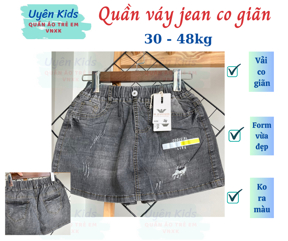 Quần váy jean màu đen khói phối viền sành điệu quần váy nữ váy bé gái size đại cồ 30-48kg