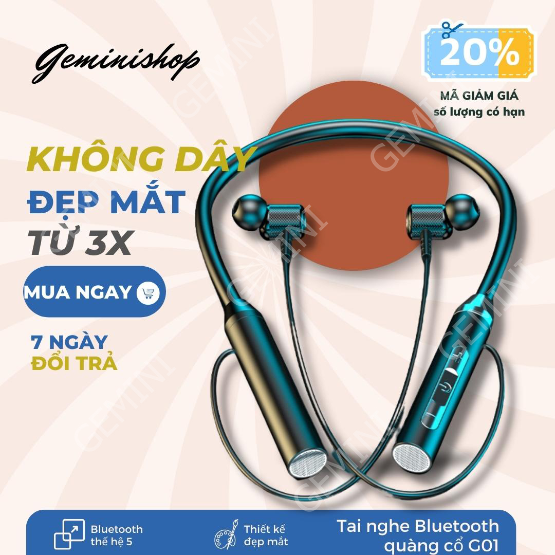 Tai nghe Bluetooth không dây đeo quàng cổ Bluetooth 5.2 thể thao pin trâu từ tính khử tiếng ồn G01 Gemini Shop