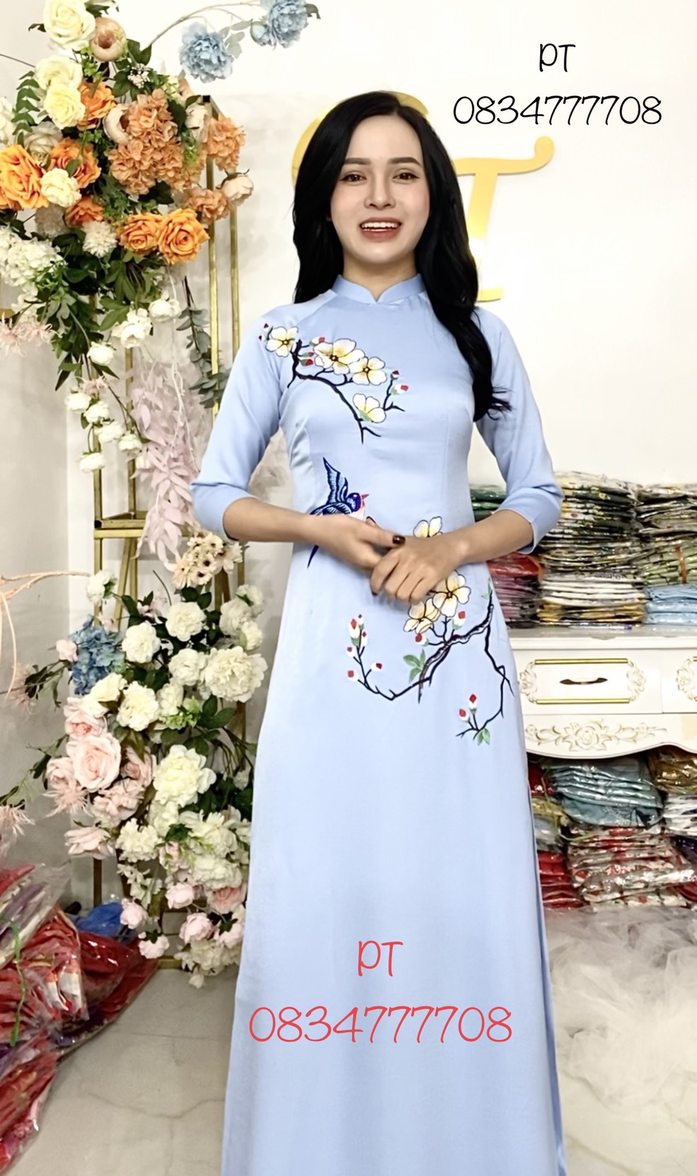 Áo dài lụa tây thi thêu lắc tay cao cấp