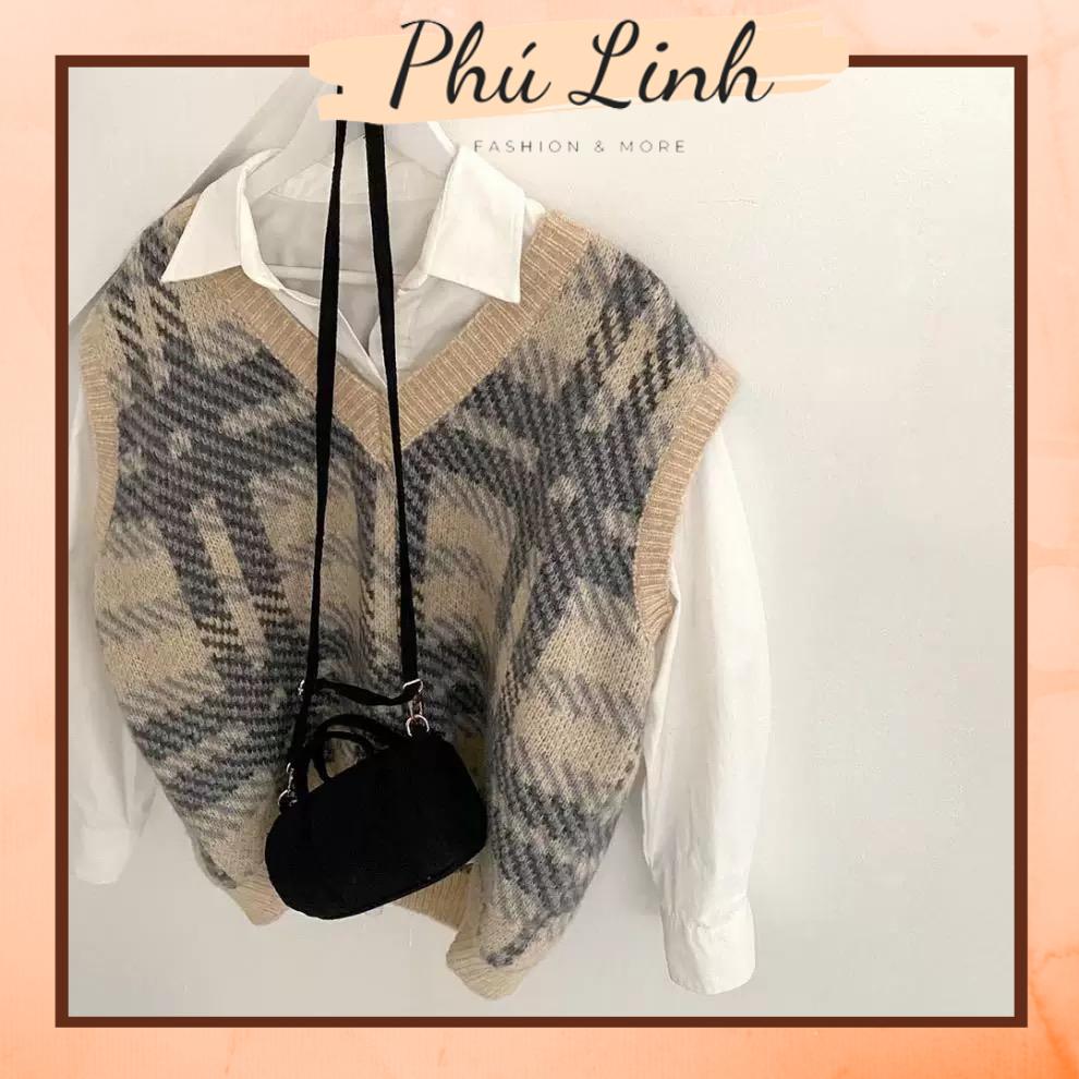 MS463 Áo gile len kẻ caro Hàn quốc form rộng