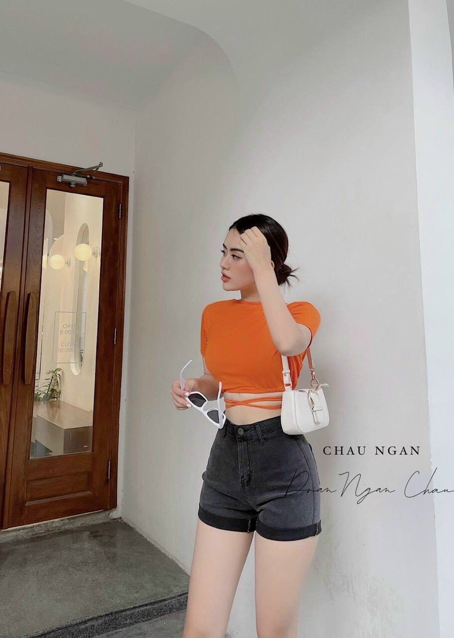 Áo croptop cổ tròn dây đan eo