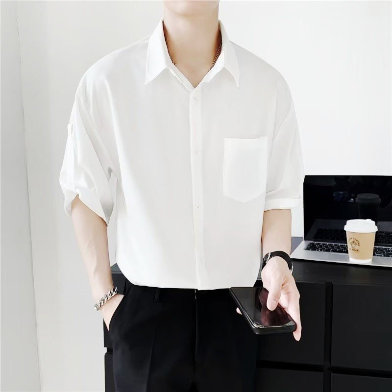 Áo sơ mi nam tay lỡ form rộng có túi phối dây tay áo thời trang Hàn Quốc cao cấp mới
