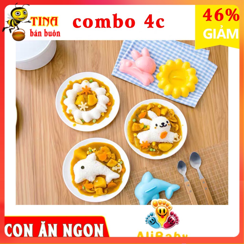 BỮA ĂN NGON MIỆNG Set 4 khuôn bento cá thỏ hoa cắt hình tạo hình cho bé ăn