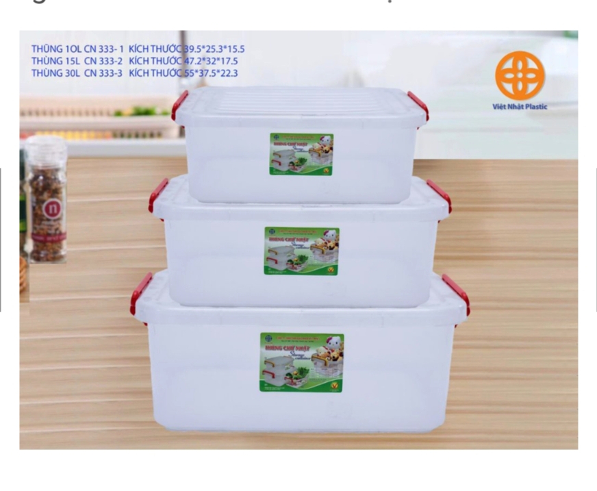Thùng nhựa trong suốt Việt Nhật. Kích thước: 10 Lít (40 x 25 x 15cm). 15 Lít (47 x 32 x 17cm). 30 Lít (55 x 37 x 22cm)
