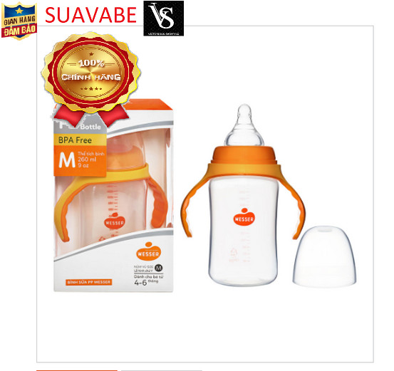 Bình sữa Wesser Nano Silver cổ rộng có quai 260ml