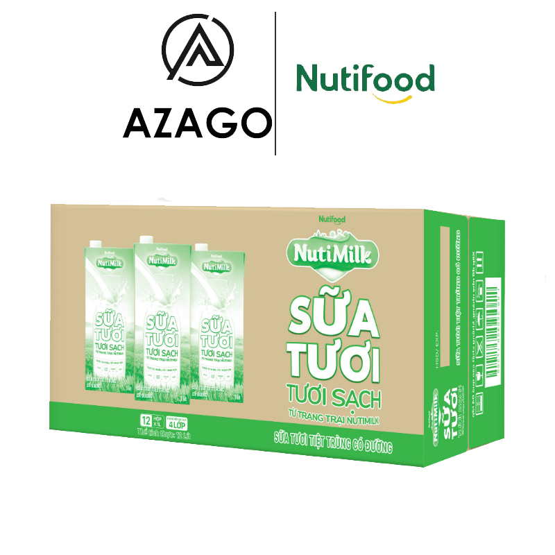 Thùng  12 hộp NutiMilk Sữa tươi sạch - Sữa tươi tiệt trùng có đường Hộp 1 Lít  - Thương Hiệu NUTIFOOD - AZAGO