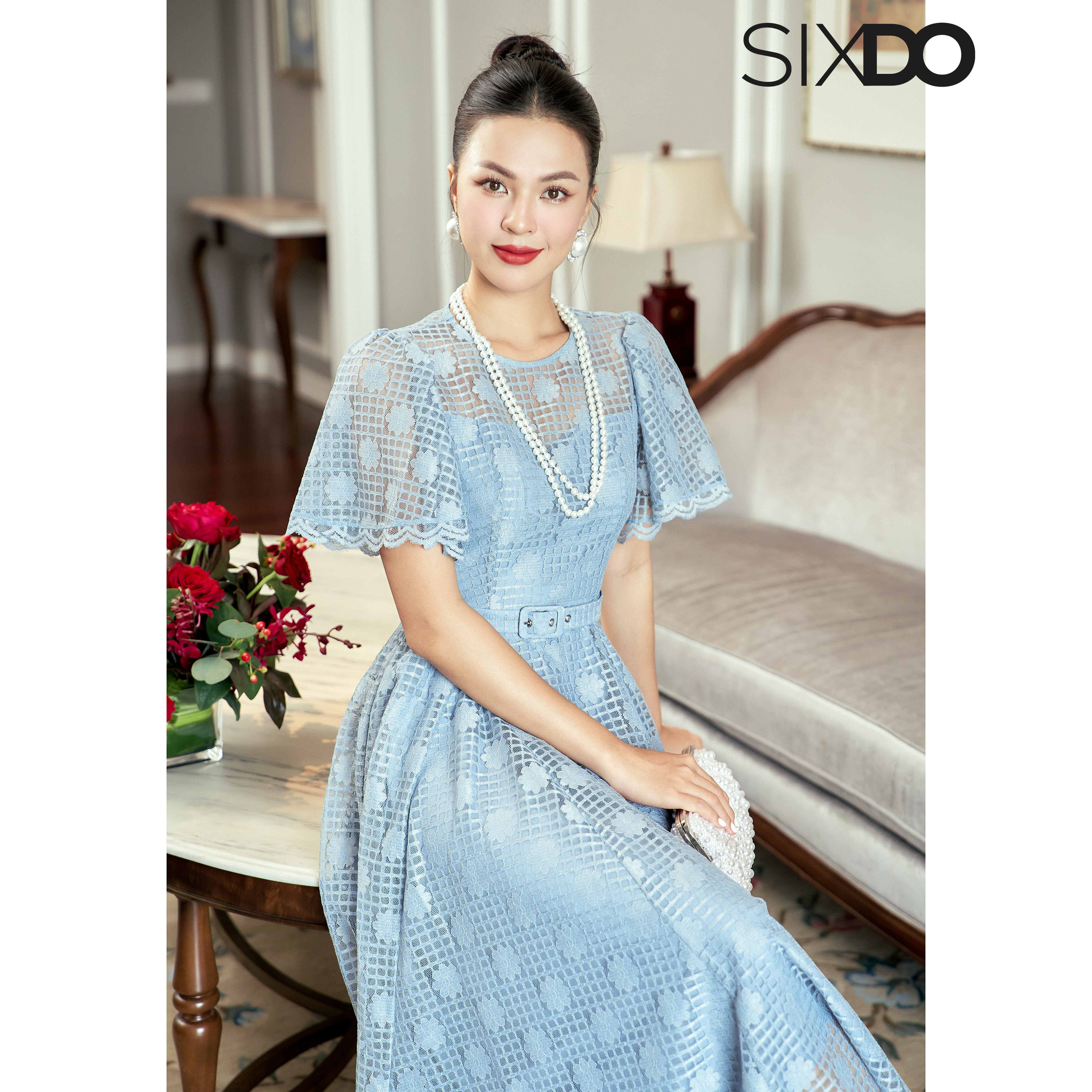 Đầm ren xanh xám tay phồng SIXDO (Blue-grey Floral Midi Lace Dress)