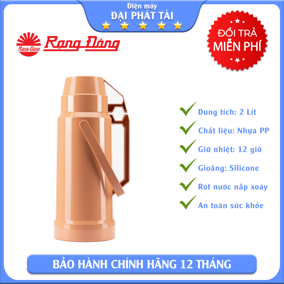 [CHỈ GIAO Ở TP HCM]Phích nước Rạng Đông 2 Lít RD 2035 N10.E (hồng phấn)