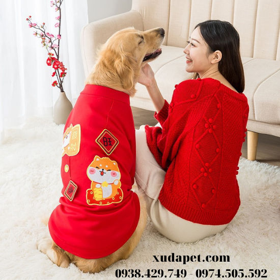 Áo tết đỏ hình cún shiba cho chó lớn chúc tết may mắn - sp005324