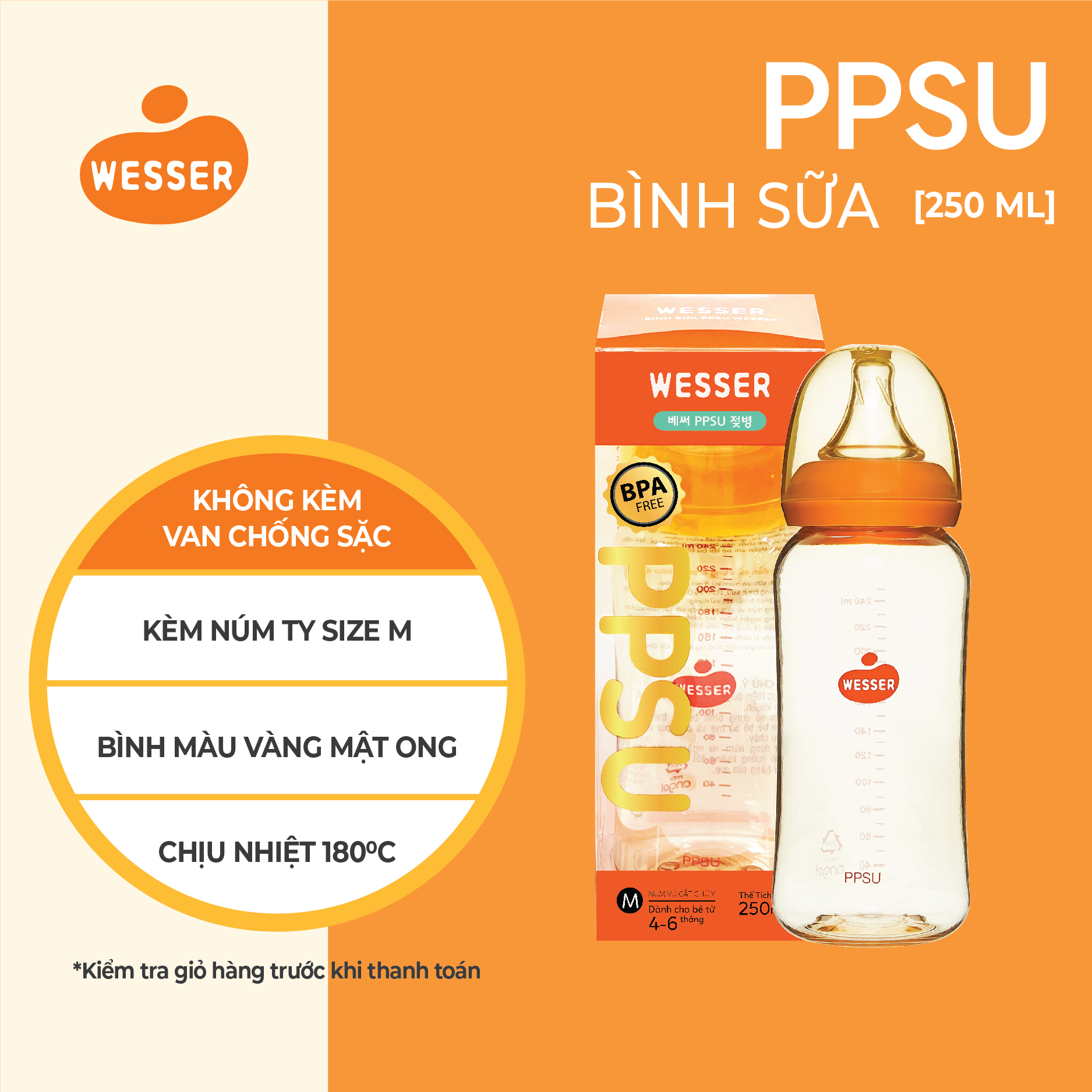 Bình sữa cổ hẹp PPSU Wesser 60ml/140ml/250ml ( BAO BÌ MỚI )