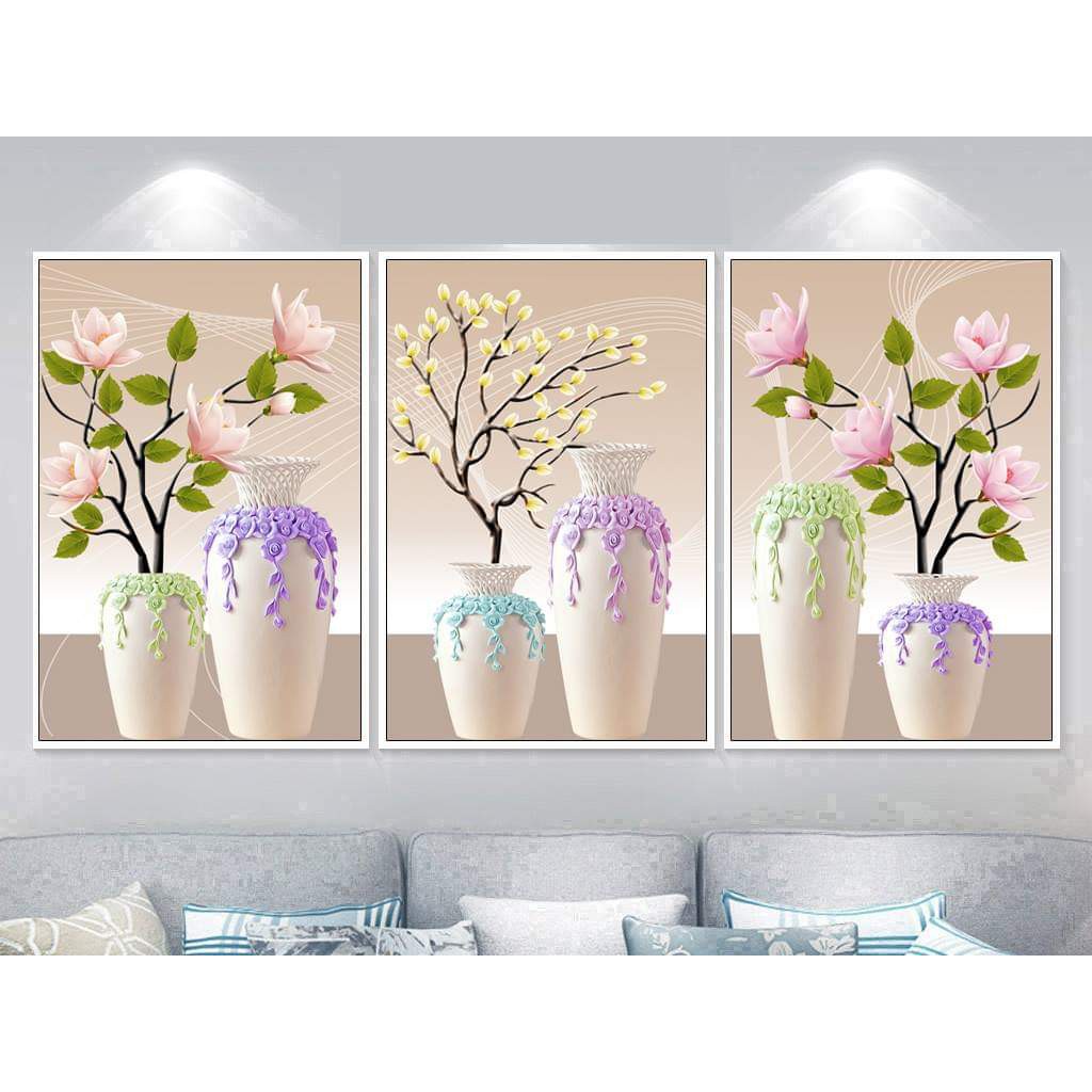 Tranh đính đá bình hoa 3 bức . kích thước: 1m48 x 70cm