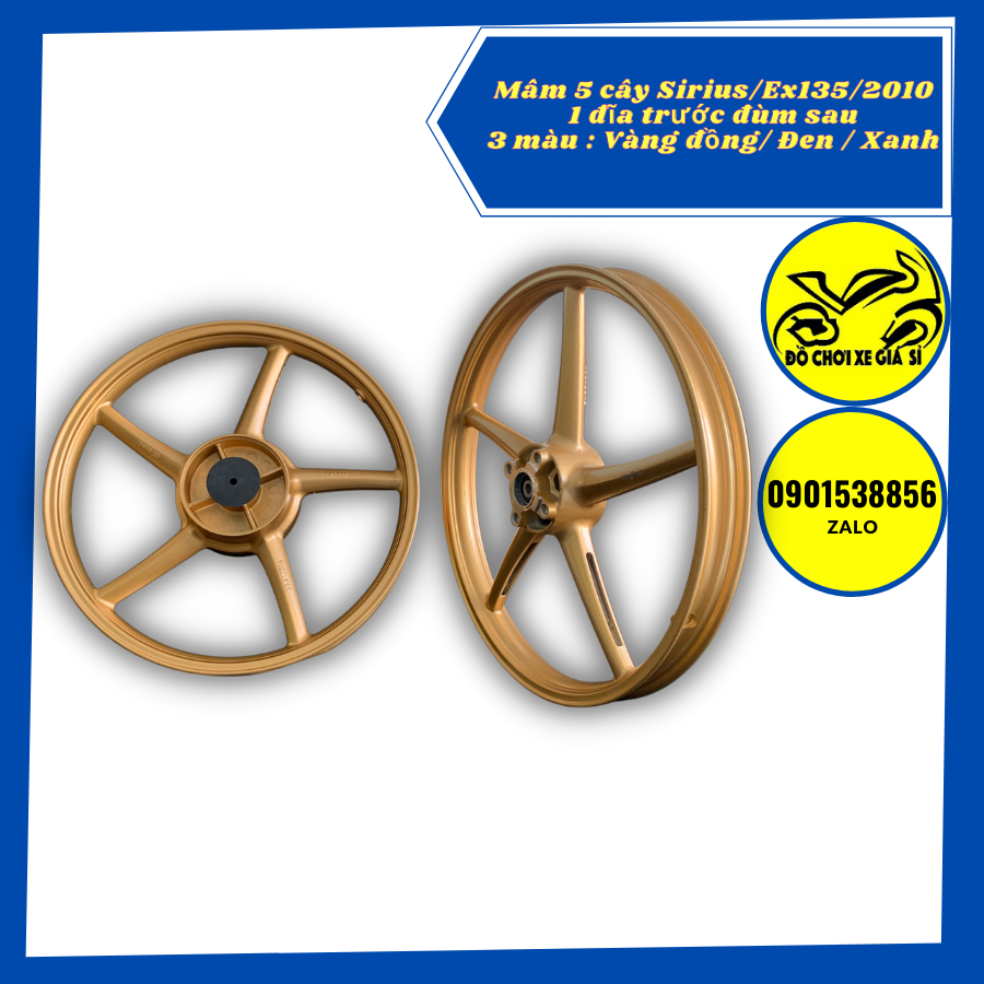 Mâm, vành đúc 5 cây kiểu RCB cho ex135/2010/Sirius bảng 1 đĩa trước, 1 đùm sau, bảng 1.4-1.6