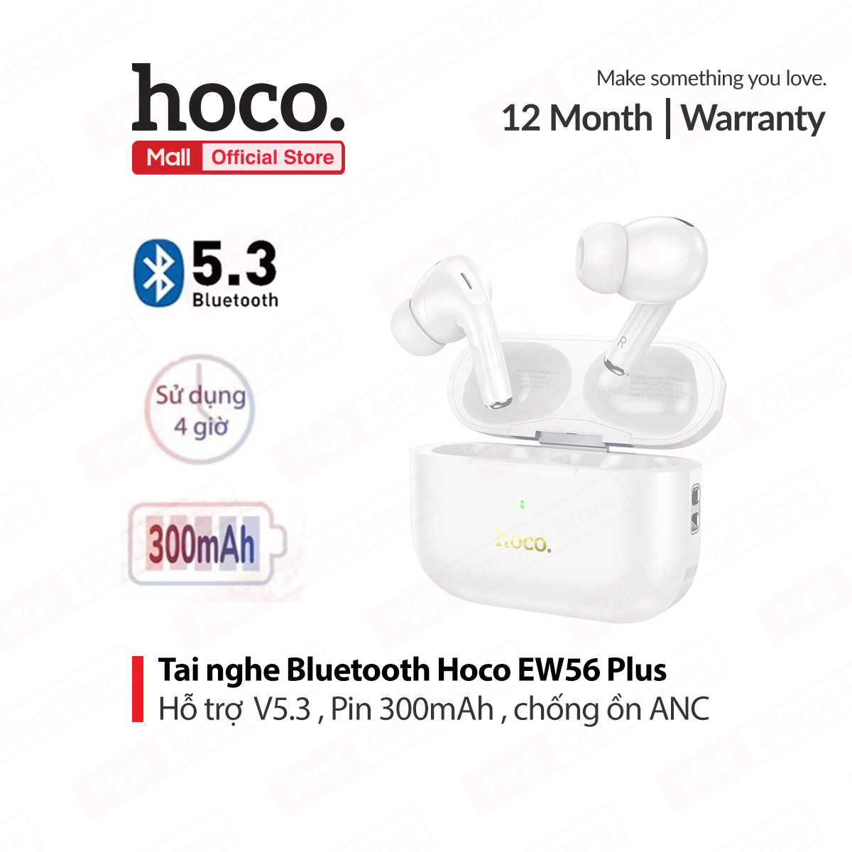 Tai nghe bluetooth v5.3 hoco ew56 ,sử dụng 4h, dung lượng pin 300mah, hỗ trợ giảm tiếng ồn anc