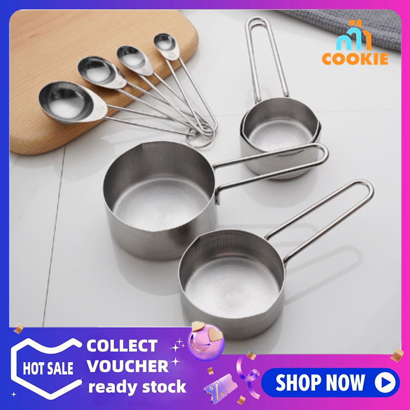 8pcs/set Stainless Steel Measuring Cups&Spoons Kit Sugar Coffee Milk Kitchen Gadget Baking Tool