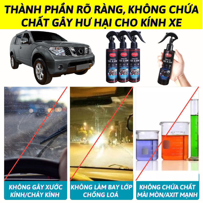 Chai xịt tẩy ố kính ô tô, xe hơi Carjek tẩy sạch cặn canxi, ố vẩy cá, lớp mờ kính làm bóng kính và trong kính xe, Dung dịch tẩy ố kính xe hơi ô tô