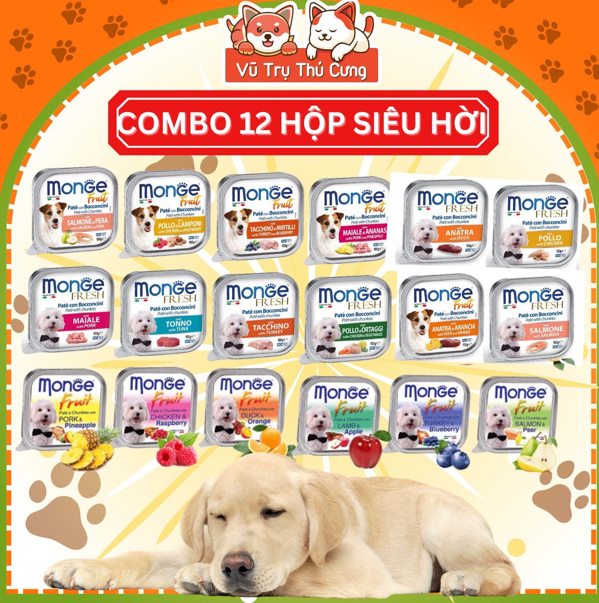 Combo 12 PCs Pate Monge for dog 100G Multi-nutrition meat and vegetable ingredients