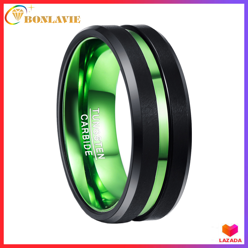 BONLAVIE Men's 8mm Authentic Tungsten Carbide Ring Green & Black Matte Finish Beveled Edges Engagement Wedding Ring Comfort Fit Size 4-16