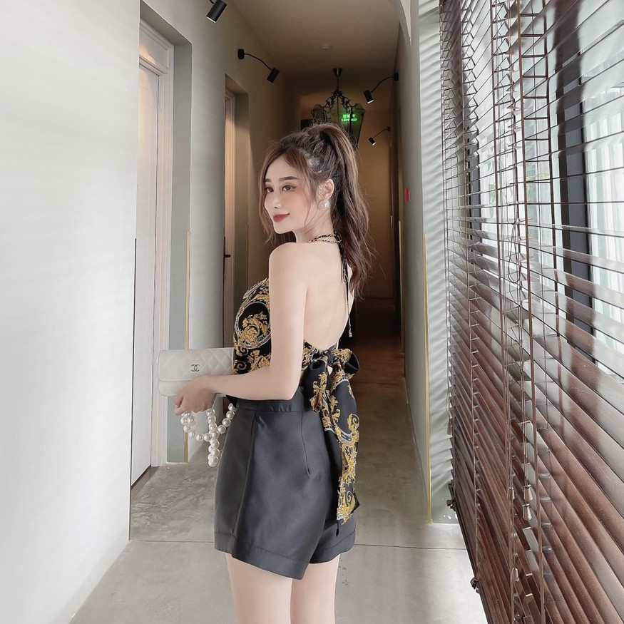 [Ảnh thật] Áo croptop dây yếm họa tiết cột nơ lưng