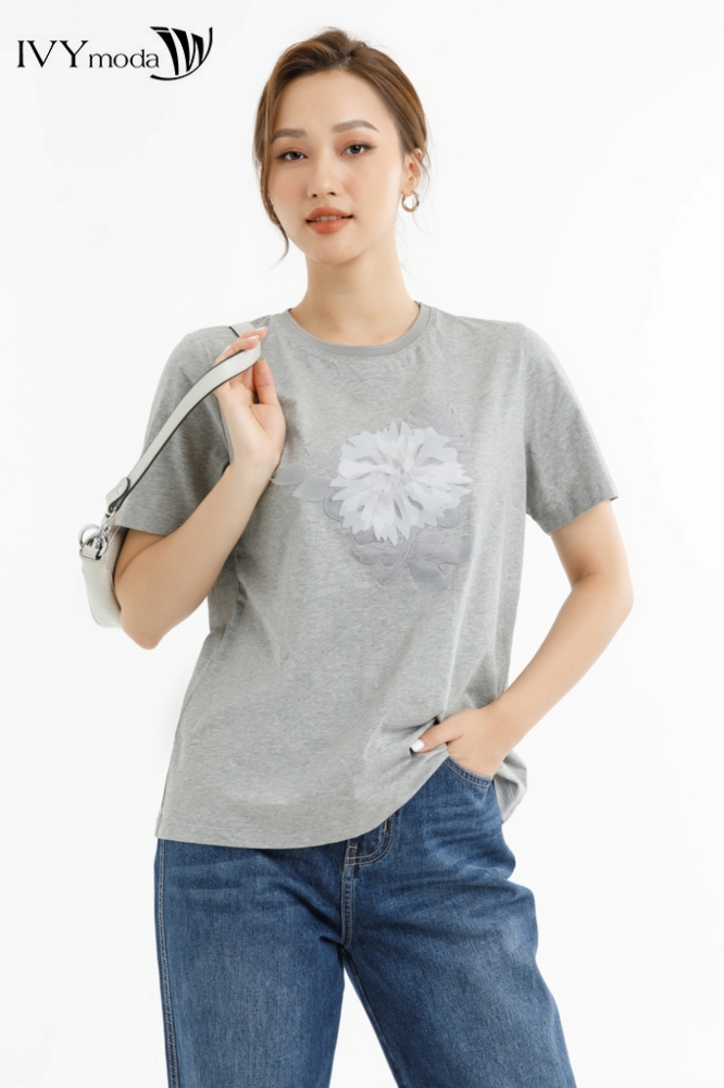 Áo thun đính hoa nổi IVY moda MS 57M7470