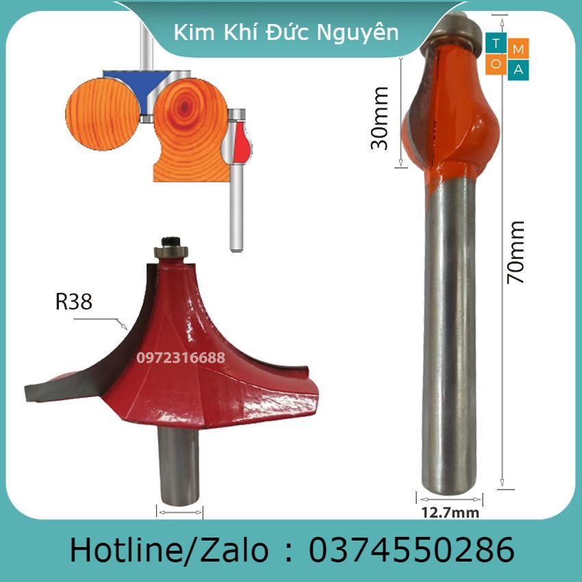 Bộ mũi soi gỗ - mũi phay gỗ đánh tay cầu thang cột tròn, mũi lõm r38 - mũi đào bi dài 30mm cốt 12.7mm
