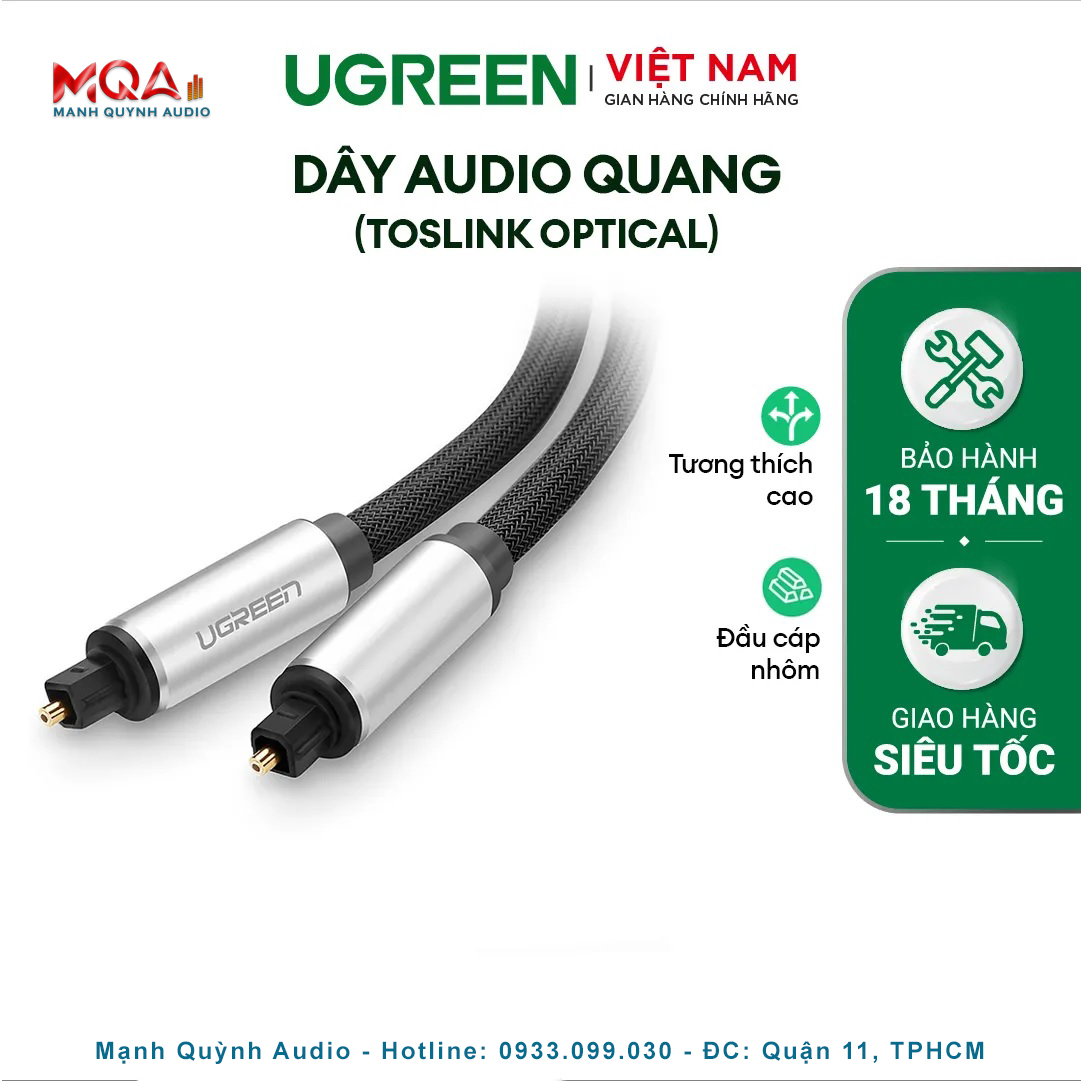 Cáp audio quang ugreen av108 đầu jack hợp kim nhôm, bọc lưới chống nhiễu cao cấp