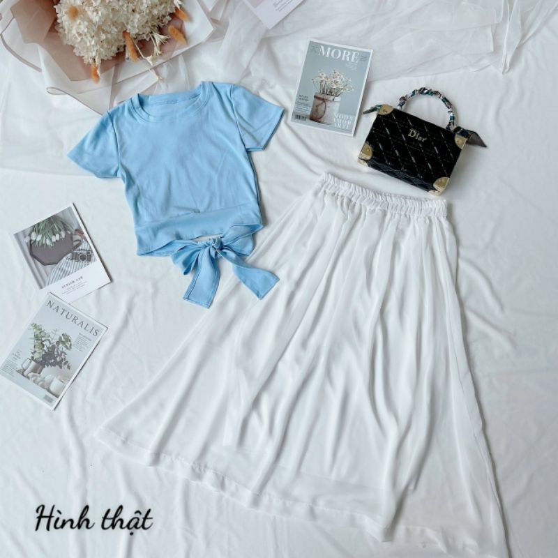 [HCM]SET ÁO THUN BUỘC EO VÁY MIDI ẢNH THẬT
