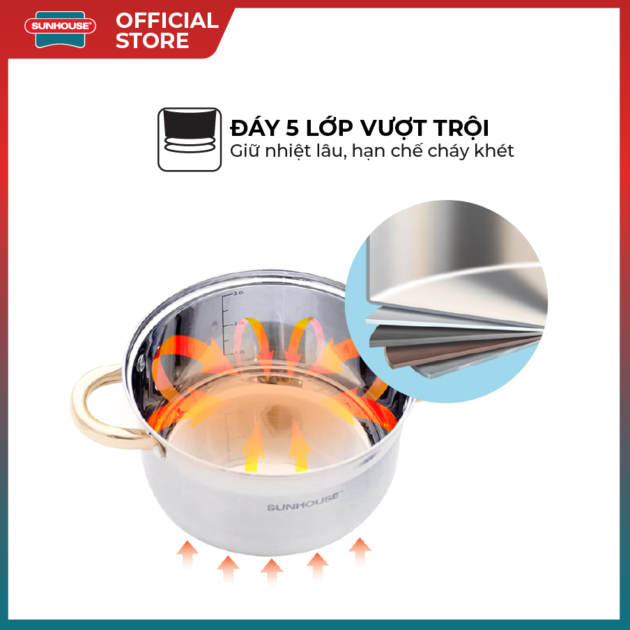 Bộ nồi inox 5 đáy SUNHOUSE SH781 - 16, 20, 24 cm tỏa nhiệt đều - Chất liệu inox an toàn - Phù hợp với mọi loại bếp - Hàng chính hãng