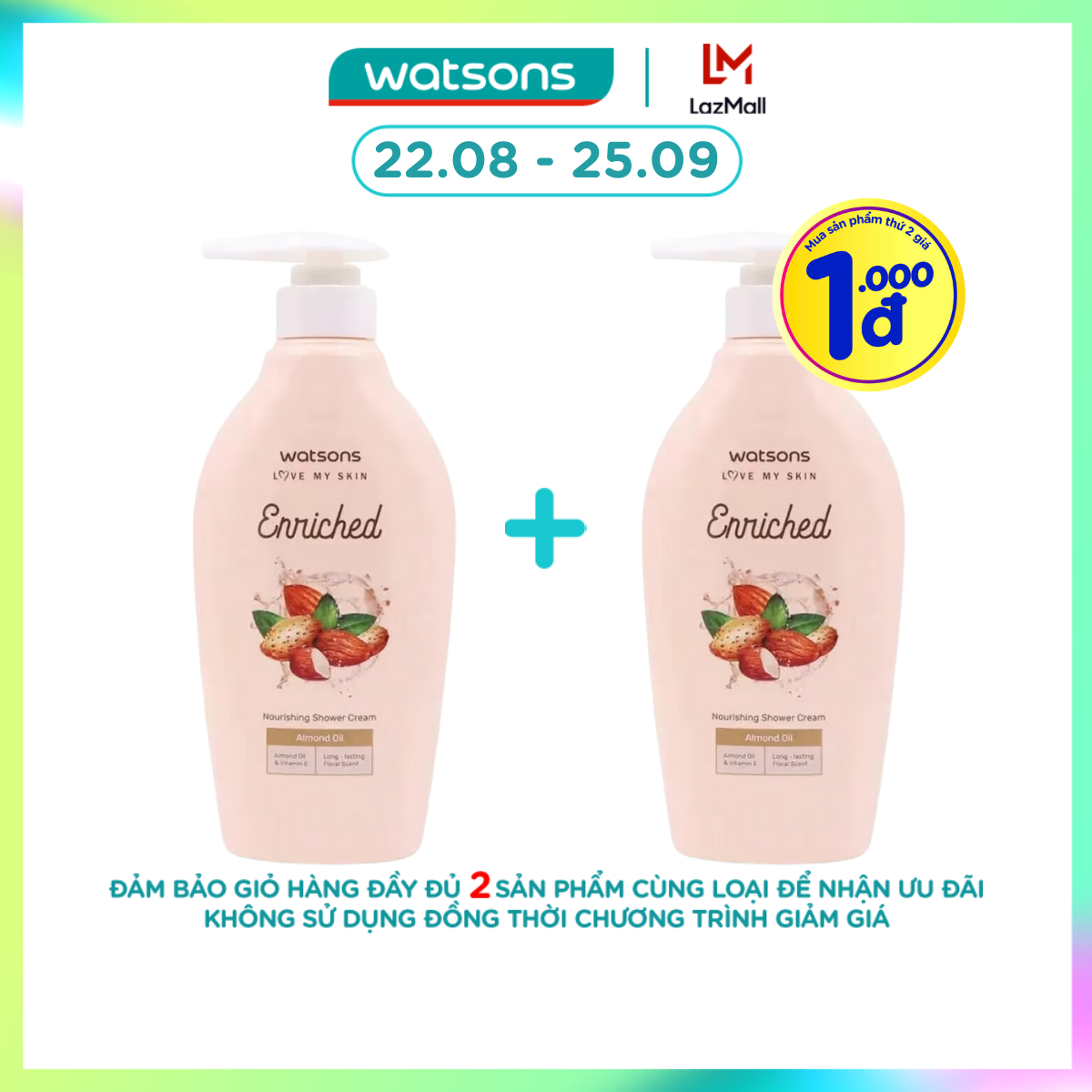 [1000đ SẢN PHẨM THỨ 2] Kem Tắm Watsons Enriched Almond Oil Nourishing Chiết Xuất Dầu Hạnh Nhân Nuôi Dưỡng Làn Da 400ml