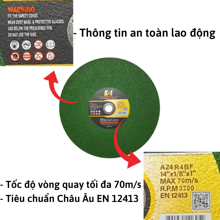 5 viên ĐÁ CẮT SẮT 355  | Đá cắt K1 Xanh 355 | Đá cắt sắt phi 355