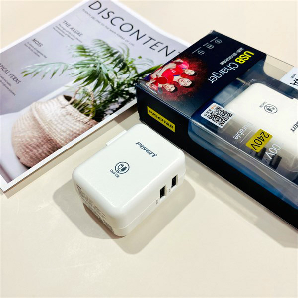 Cốc sạc 2 cổng Pisen TS-C070 tích hợp 1 USB 1A và 1 USB 2.4A - thiết kế chân gập tiện lợi (Trắng) Nhất Tín Computer