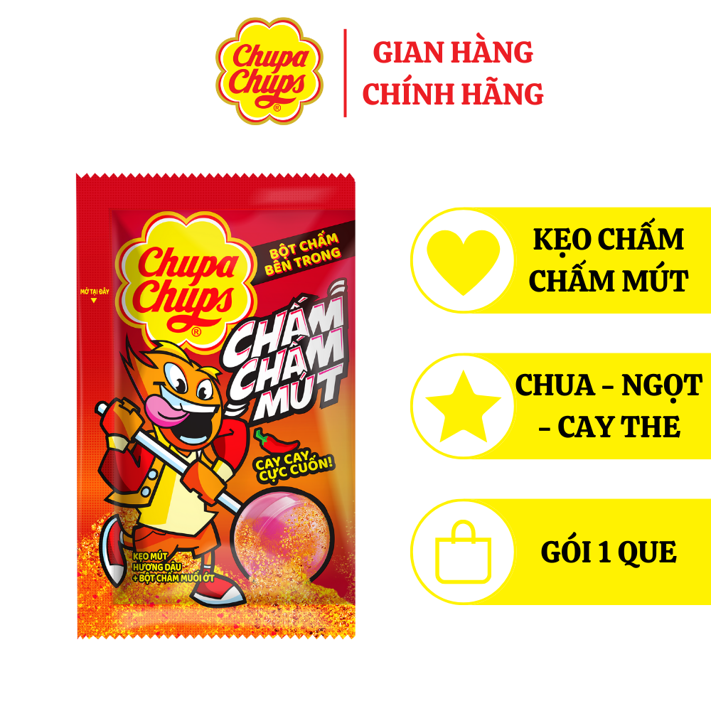 Kẹo Mút Chupa Chups Chấm Chấm Mút (Hương Dâu kèm muối ớt) (Hộp 16 gói)