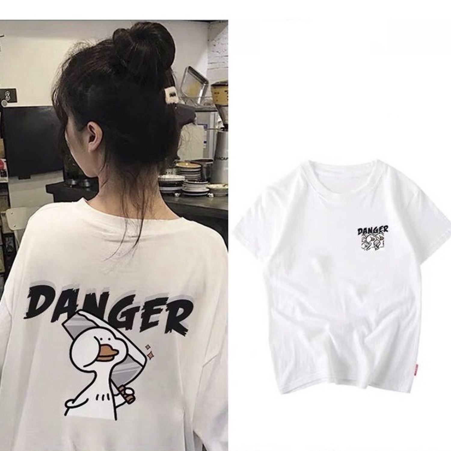 Áo Thun Trắng Vịt Danger - Phông form rộng tay lỡ in hình vintage, pull 3158 cá tính đẹp Ulzzang-