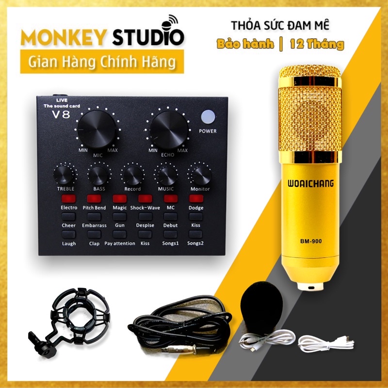 Mic Livestream | Micro thu âm Sound Card V8 + Mic BM900 Hát Livestream Điện Thoại Chuyên Nghiệp, Monkey Studio