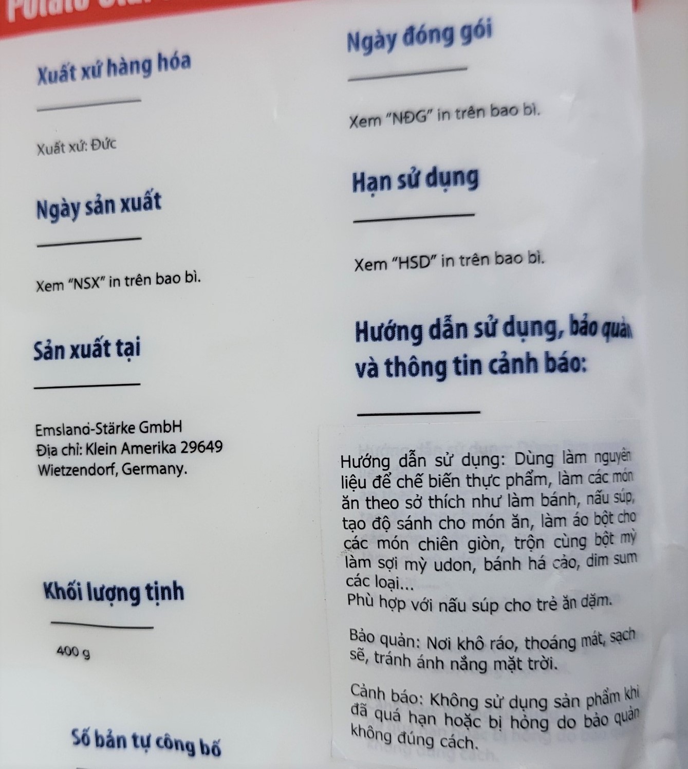 EUFOOD (túi 400g) TINH BỘT KHOAI TÂY Potato Starch
