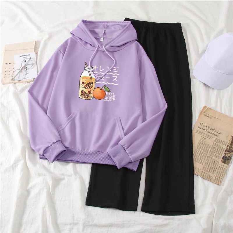 SÉT ÁO HOODIES CHAI NƯỚC QUẢ CAM IN 5D KÈM QUẦN ỐNG RỘNG
