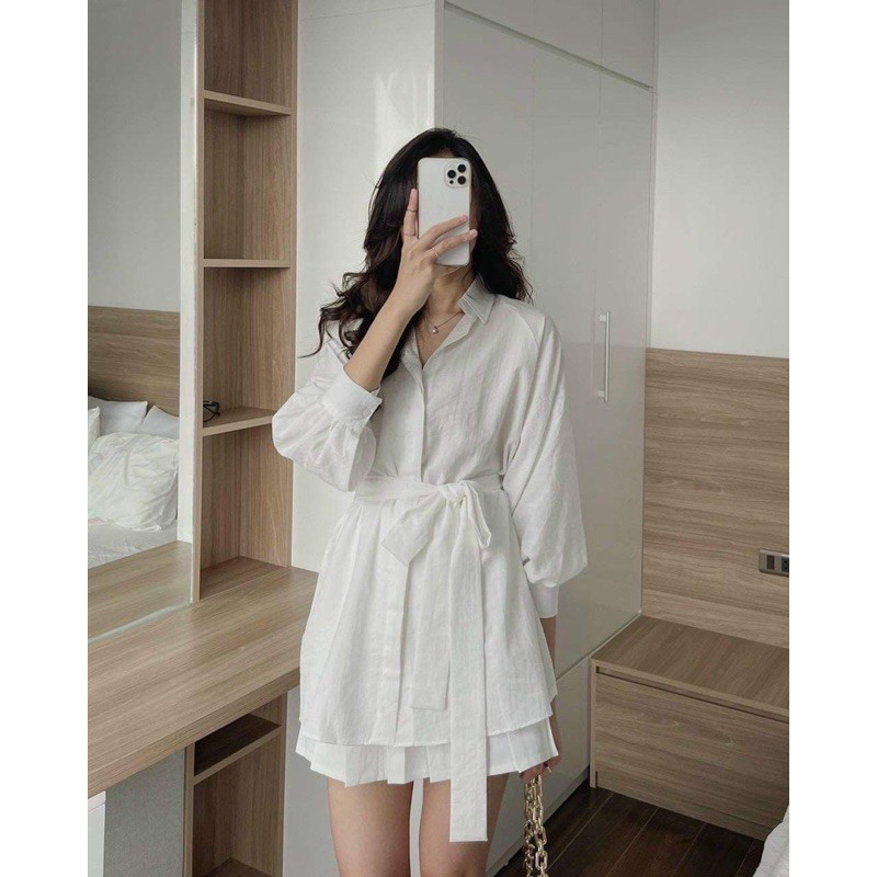 Set chân váy và áo sơ mi kèm dây buộc eo Thời trang