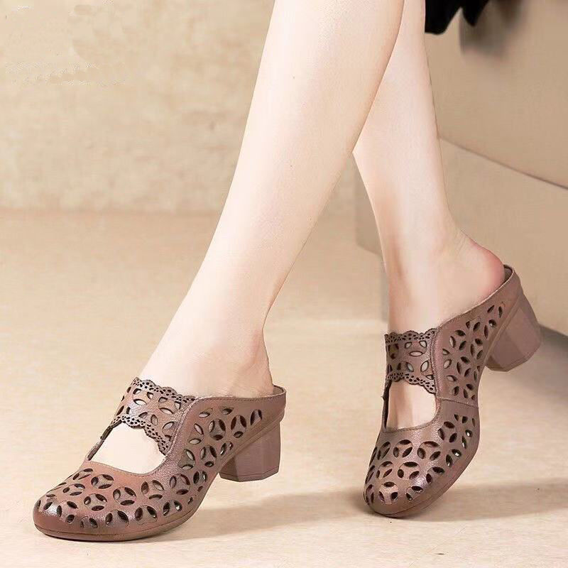 Leather Mules Shoes High heel slippers For Women Vintage Mary Janes Ladies Shoes Korea Mules Women For Women Mules Sandals 090815