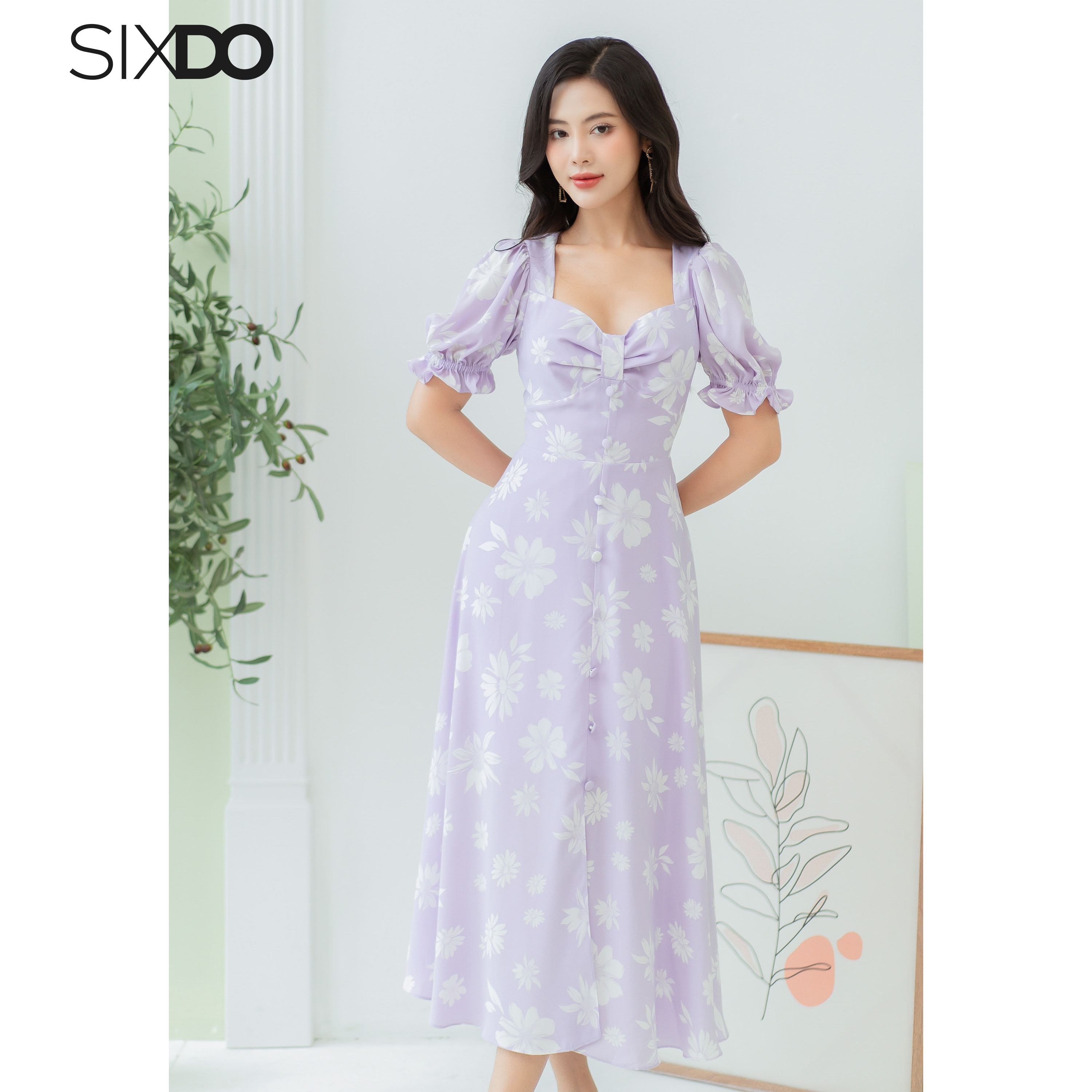 Đầm lụa hoa SIXDO (Floral Midi Silk Dress)