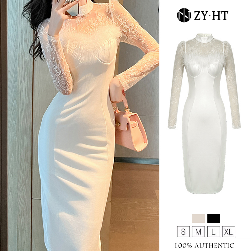 ZYHT Đầm trắng áo dài tay hợp thời trang Mảnh mai thanh lịch đầm body đi tiệc cưới 20708