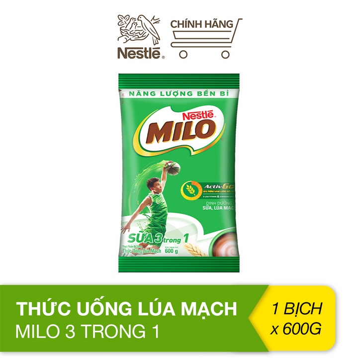 Bột Milo nguyên chất, Thức uống lúa mạch Milo 3 trong 1 (bịch 600g)